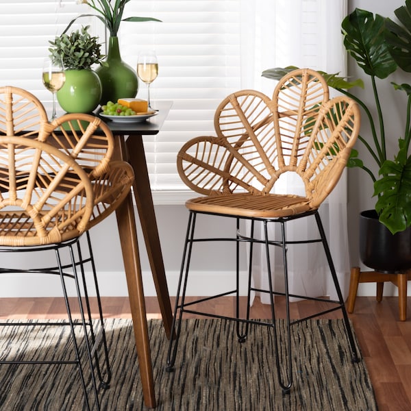 Baxton Studio Garan Modern Bohemian Natural Brown Rattan and Black Metal Counter Stool 212-12810-ZORO - main
